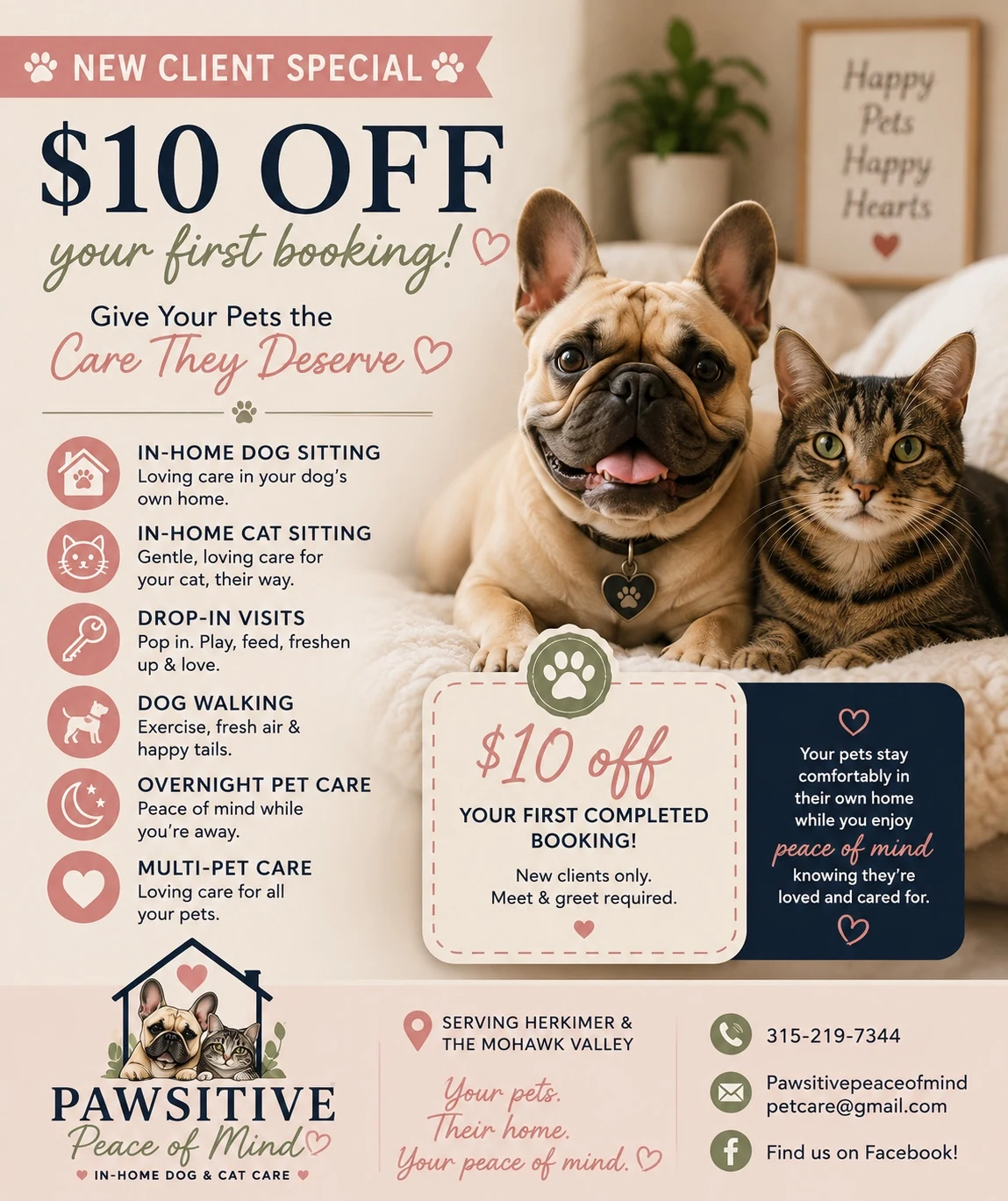 $10 off first completed booking for new Pawsitive Peace of Mind clients